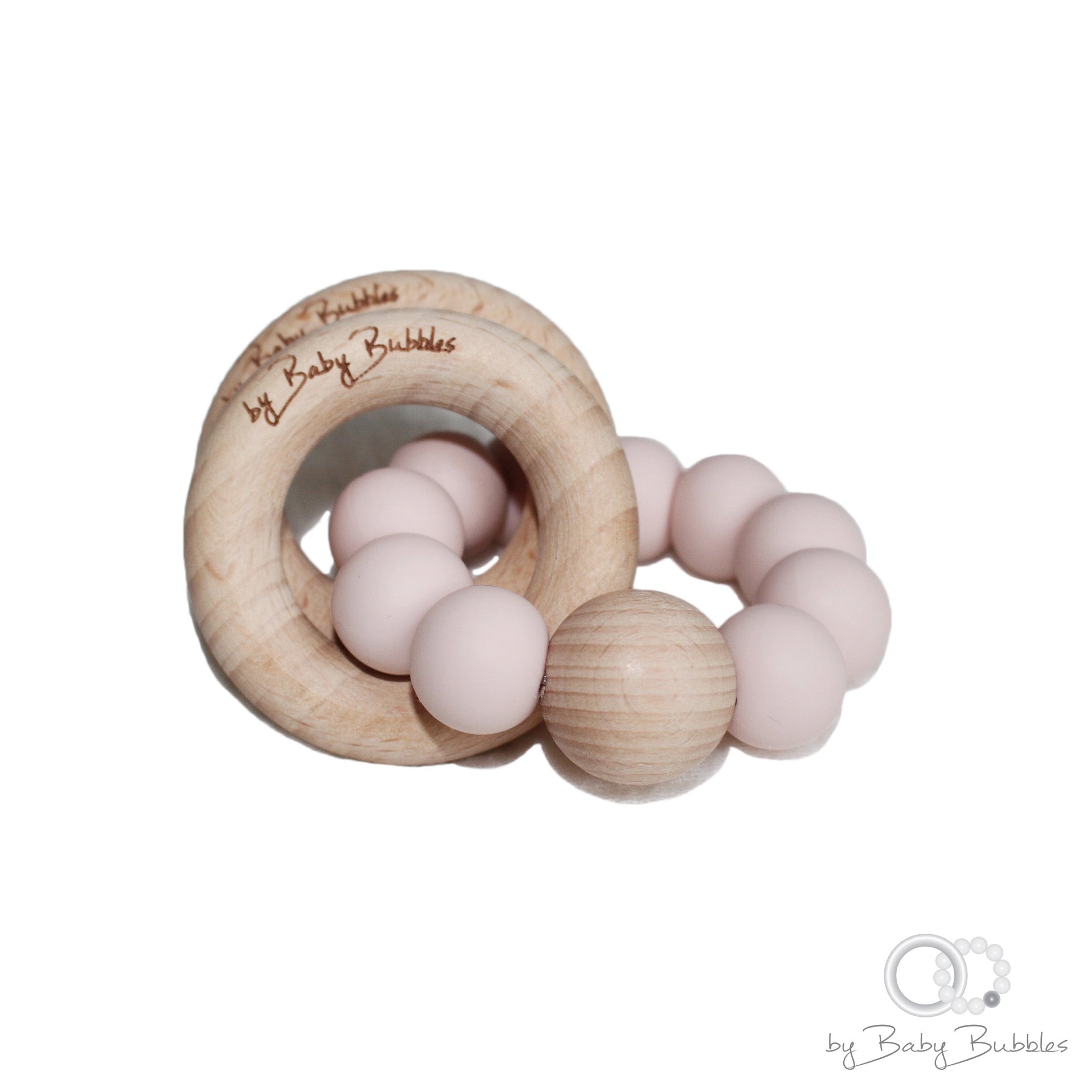 Light pink silicone and hardwood baby rattle